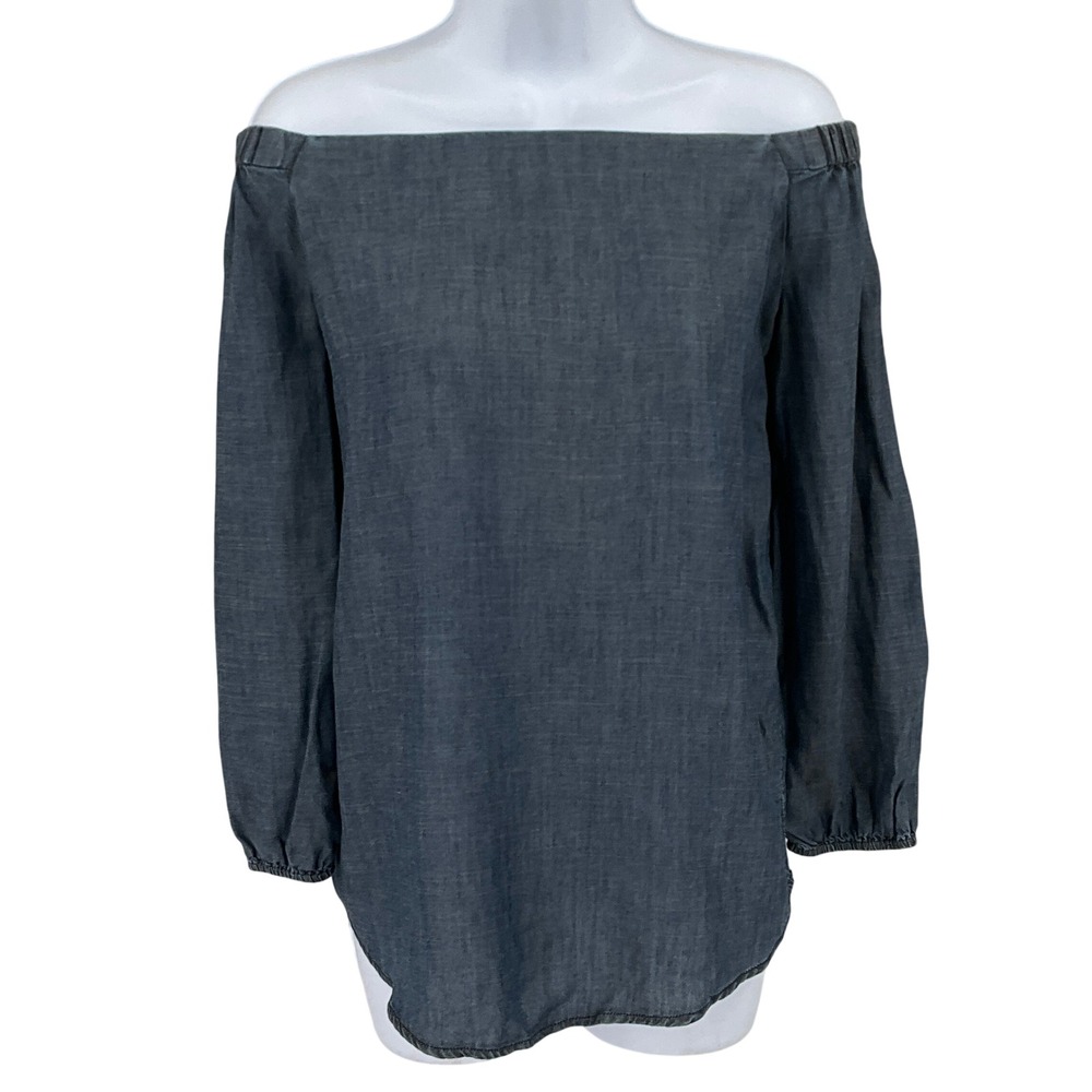 Chico's Denim Top Women 0 Chambray Linen Blend Off Shoulder Coastal Travel NEW